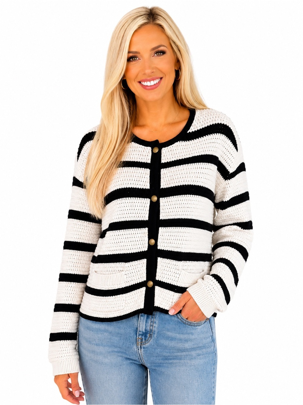 💛2 for $20- Universal Thread Black White Striped Crochet Knit Cardigan XL NWT